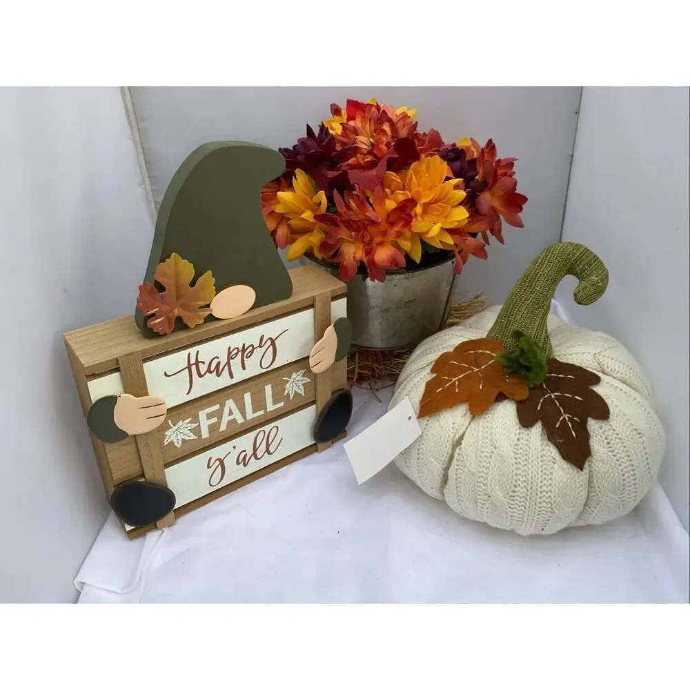 🍁 Fall Harvest Décor 2 Piece Bundle Knit Pumpkin & Happy Fall Y’all Gnome Sign